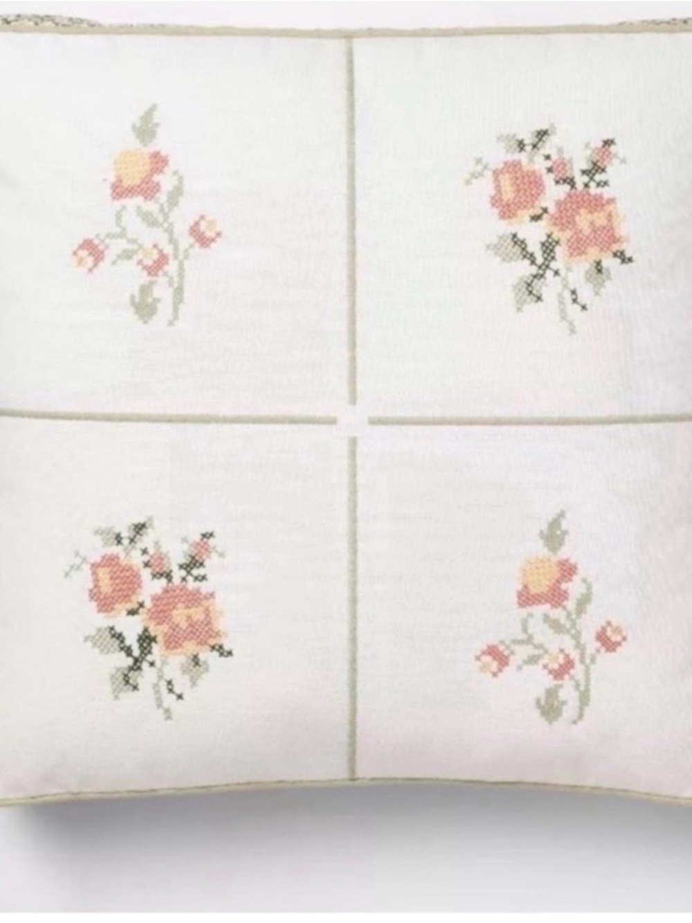 2 - Studio McGee Cream Pillow with Pink Rose Cross-Stitch Motifs